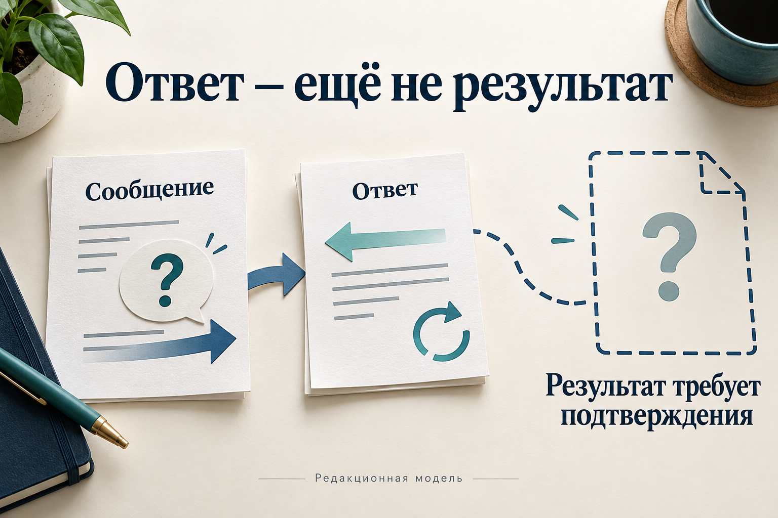 Два отдельных листа сообщения и ответа; пунктир ведёт к отсутствующему подтверждению результата.