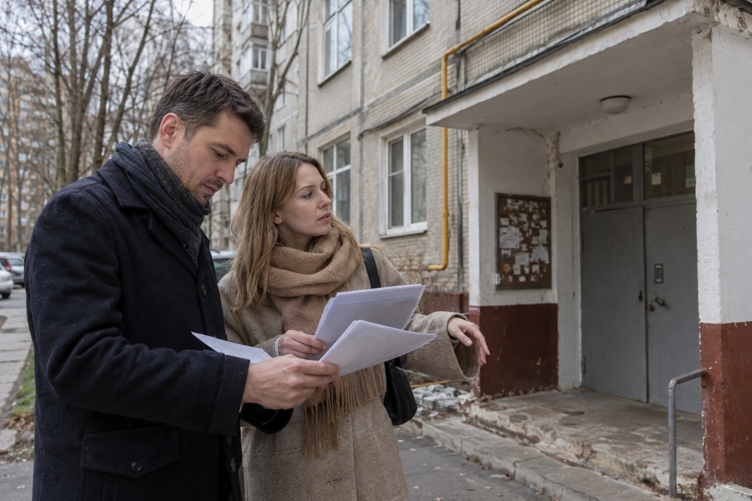 Покупатель и юрист проверяют документы возле дома под реновацию.