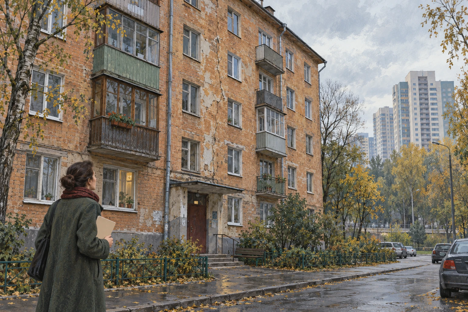 Жительница у изношенного жилого дома; отдельная новостройка видна вдали.